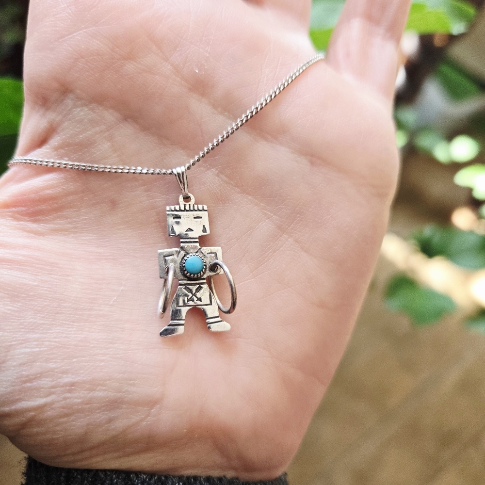 Vintage 925 Sterling Silver Navajo Native American Turquoise Tribal Man Necklace - Picture 7 of 15